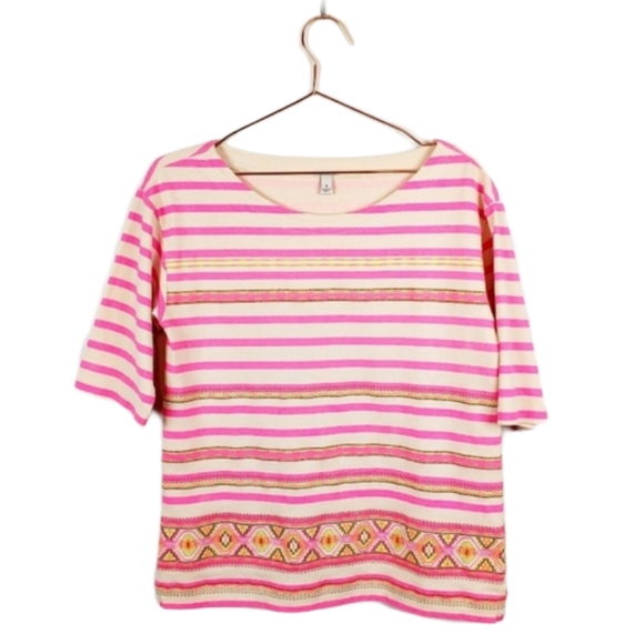 J.Crew Neon Pink Embroidered Striped Boatneck Top - Picture 2 of 7